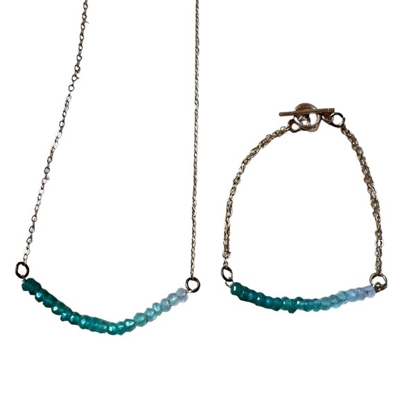 Ombre Emerald Beaded Curved Bar Gold Fill Necklace and Bracelet Set May Birthday - Picture 5 of 16